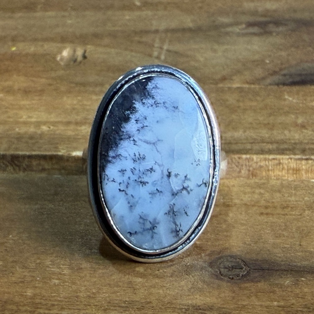 Vintage Style Dendritic Agate Gemstone Statement Ring Size 7 Silver 925 Plated